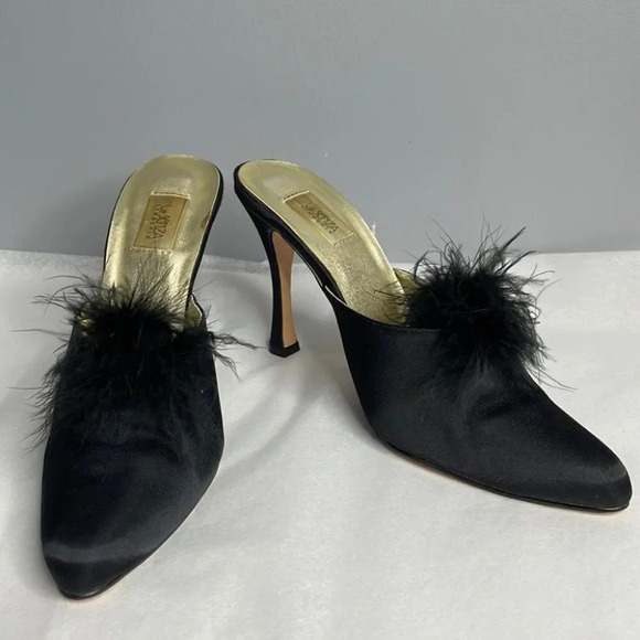 LA SENZA Vintage Black Feather Trim Satin Heel Slipper Shoes Size XL 7-8 - Picture 11 of 11
